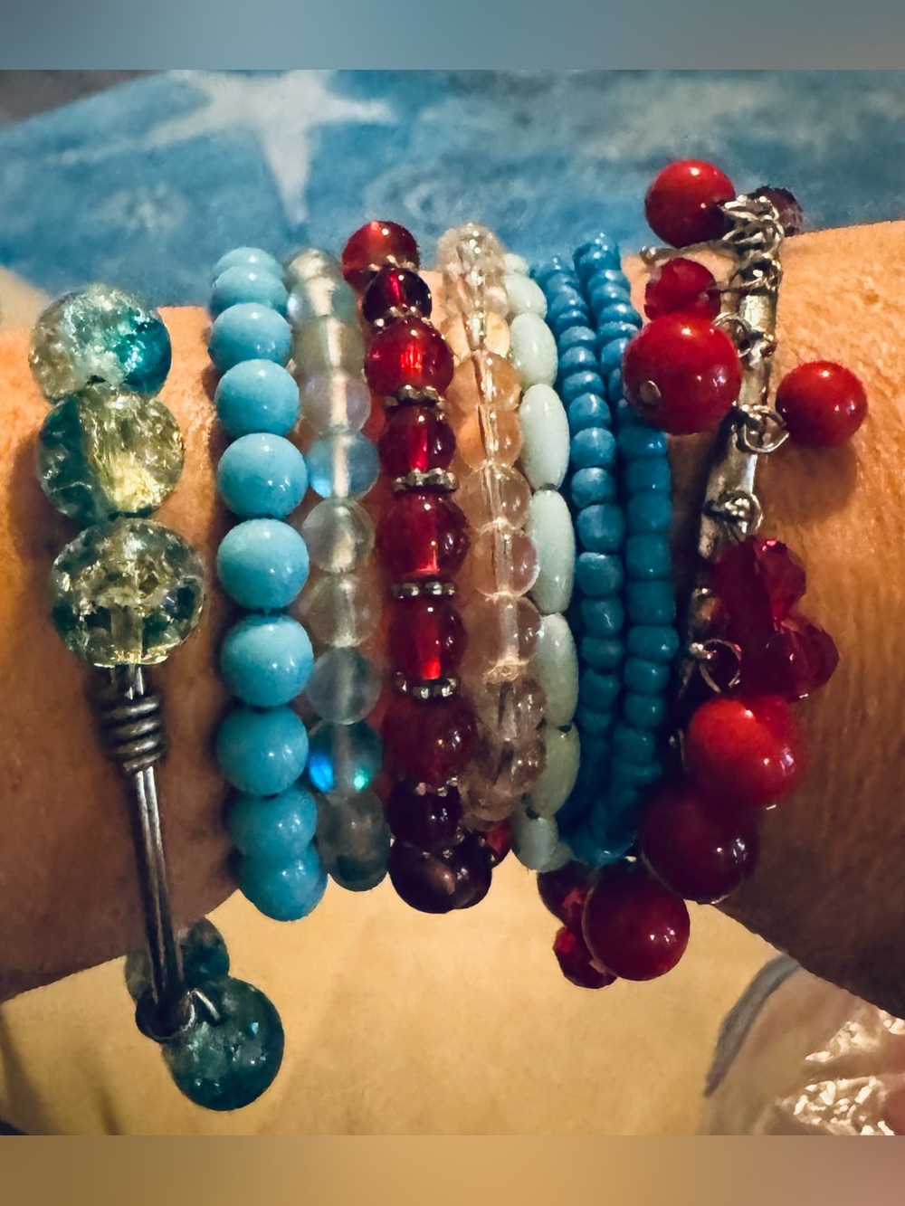 VTG Boho Chic Artisan Beaded Bracelet Stack Bundle - Lot of 9 Red & Turquoise